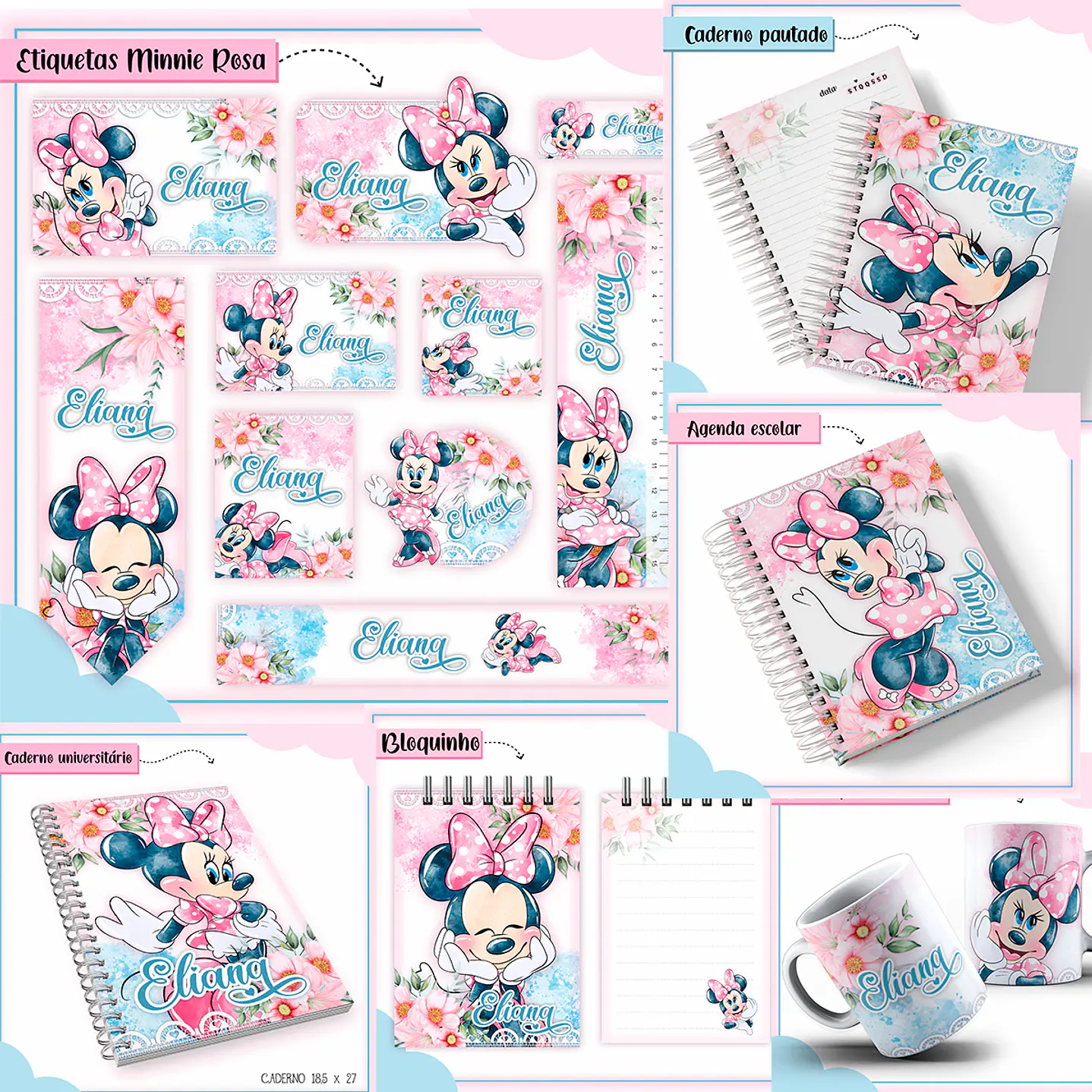 Kit Digital Encadernação Minnie Rosa - Volta às Aulas  1
