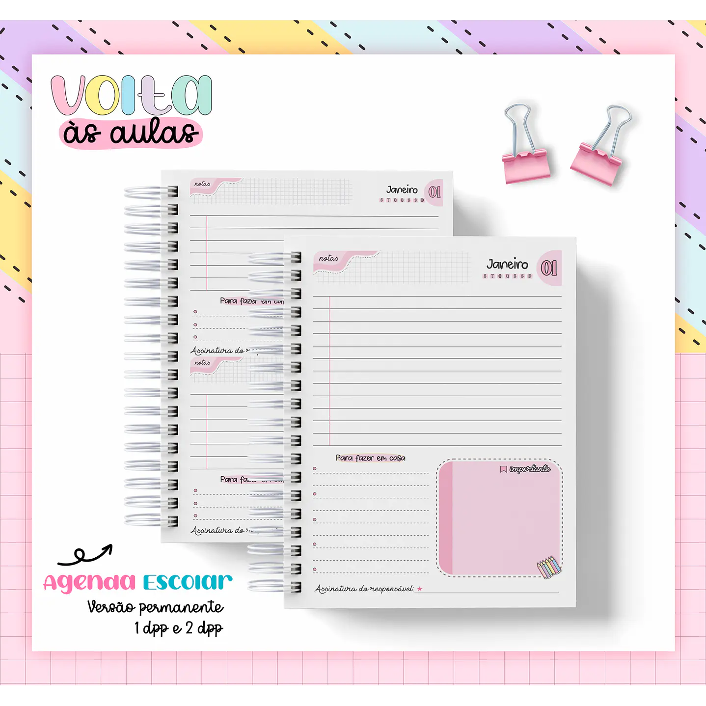 Kit Digital Agenda Escolar Rosa 2024 - Volta às Aulas 1