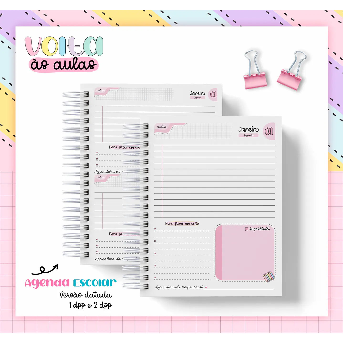 Kit Digital Agenda Escolar Rosa 2024 - Volta às Aulas 5
