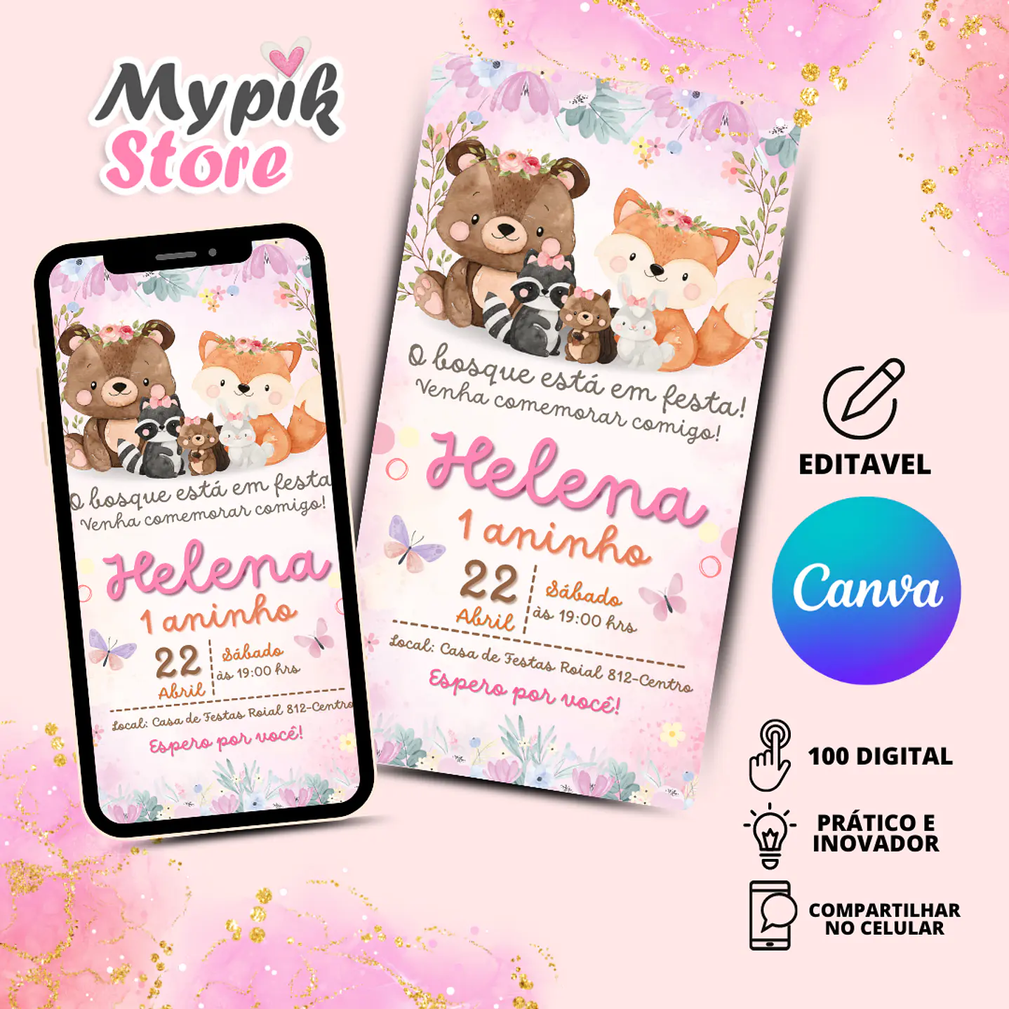 Convite Digital Bosque Menina Editável com Canva  2