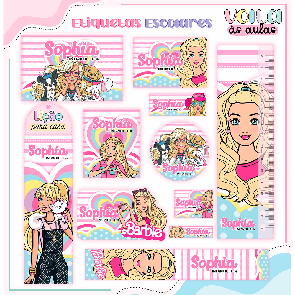 Arquivo de Corte Etiqueta Escolar Barbie - Volta às Aulas   