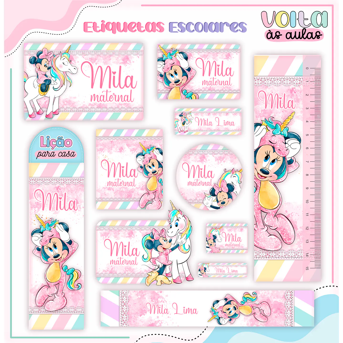 Arquivo de Corte Etiqueta Escolar Minnie Unicórnio - Volta às Aulas  1