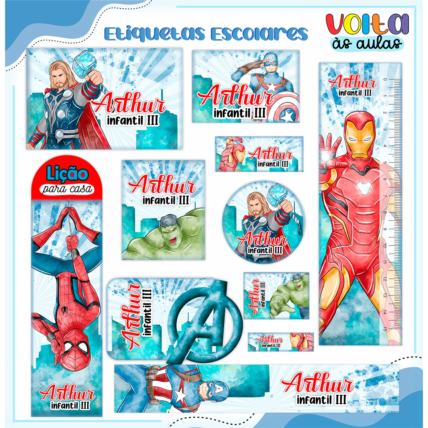Arquivo de Corte Etiqueta Escolar Vingadores Aquarela - Volta às Aulas  1