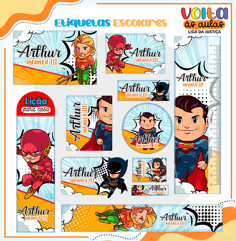 Kit Digital Etiqueta Escolar Liga da Justiça - Volta às Aulas