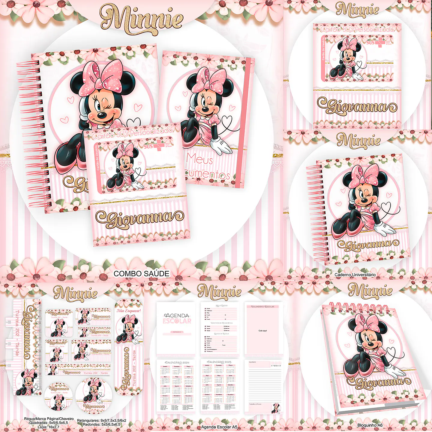 Kit Digital Encadernação com Etiqueta Minnie Rosa - Volta âs Aulas 1