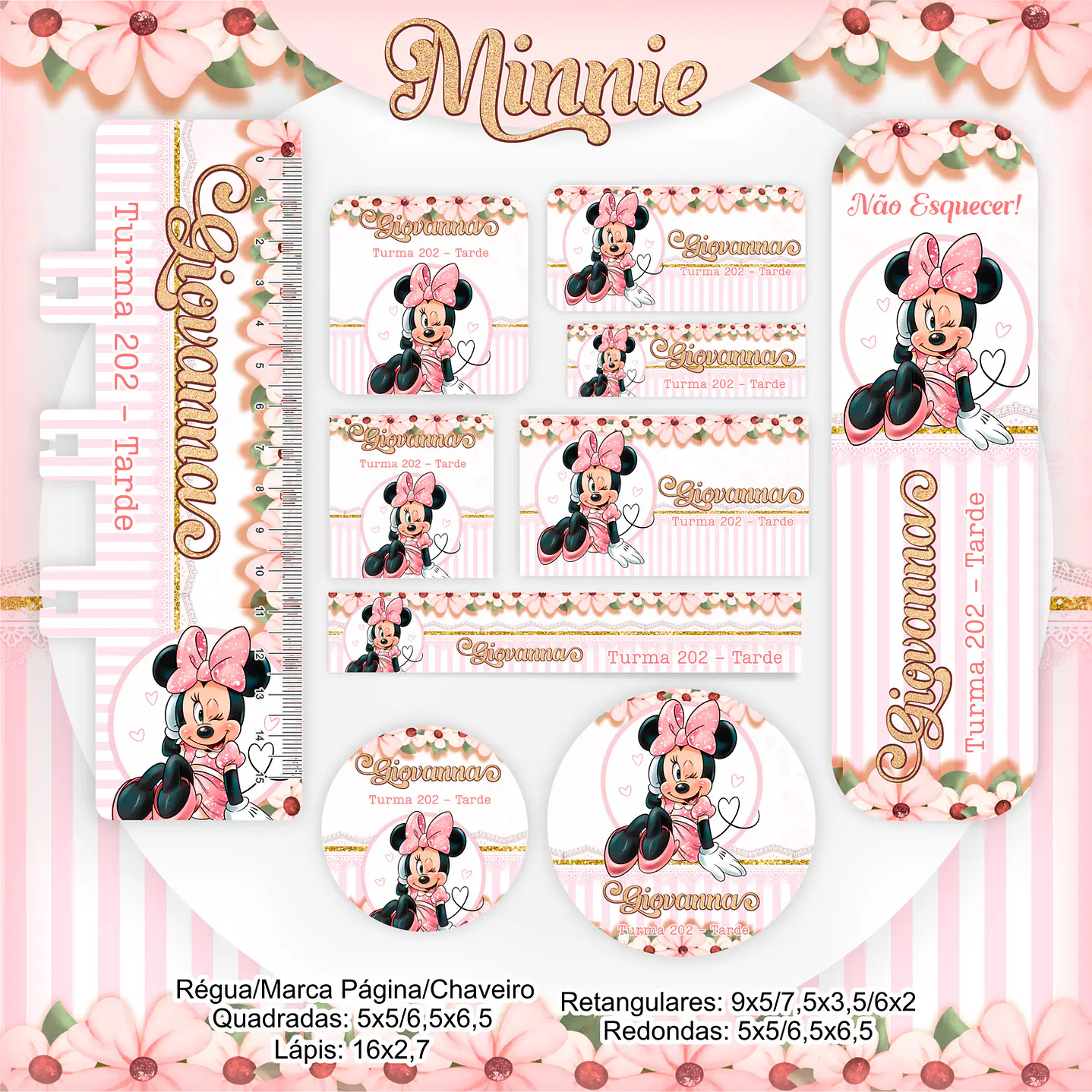 Kit Digital Encadernação com Etiqueta Minnie Rosa - Volta âs Aulas 2