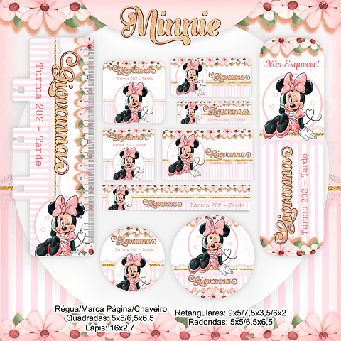 Kit Digital Encadernação com Etiqueta Minnie Rosa - Volta âs Aulas