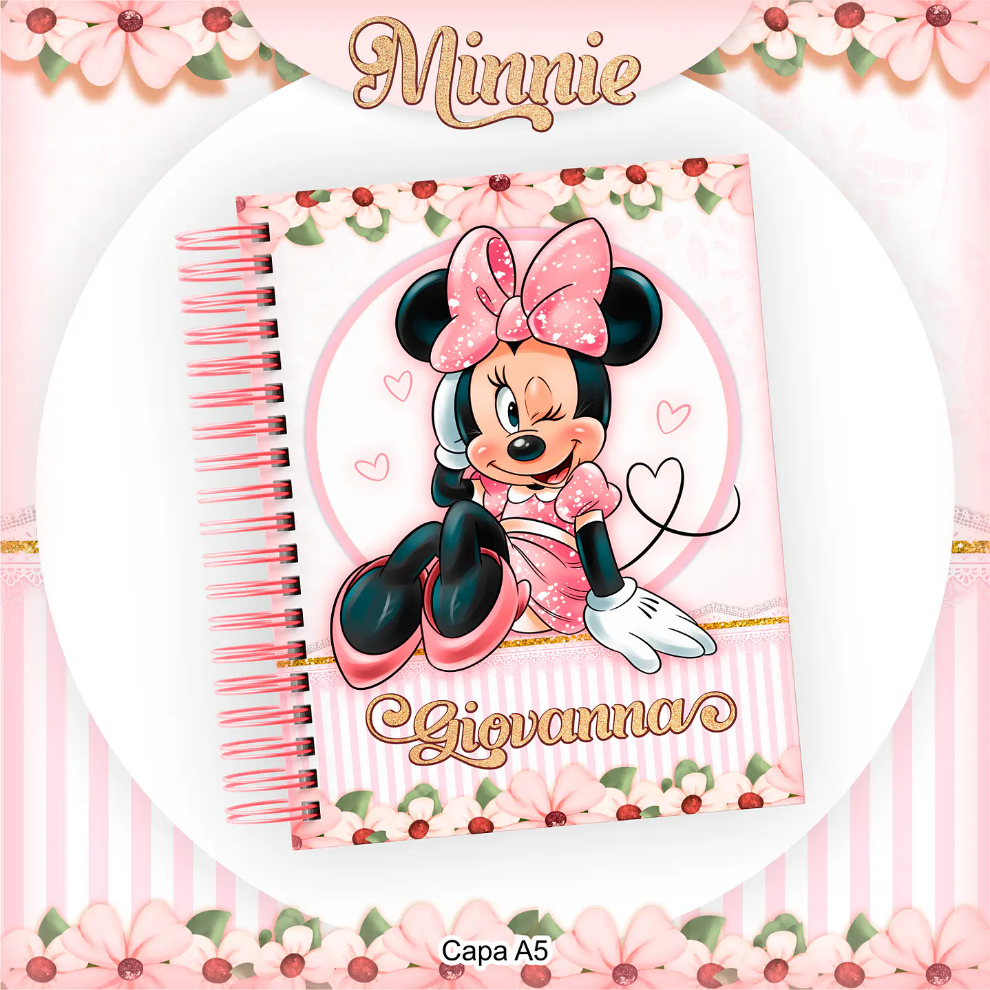 Kit Digital Encadernação com Etiqueta Minnie Rosa - Volta âs Aulas 3