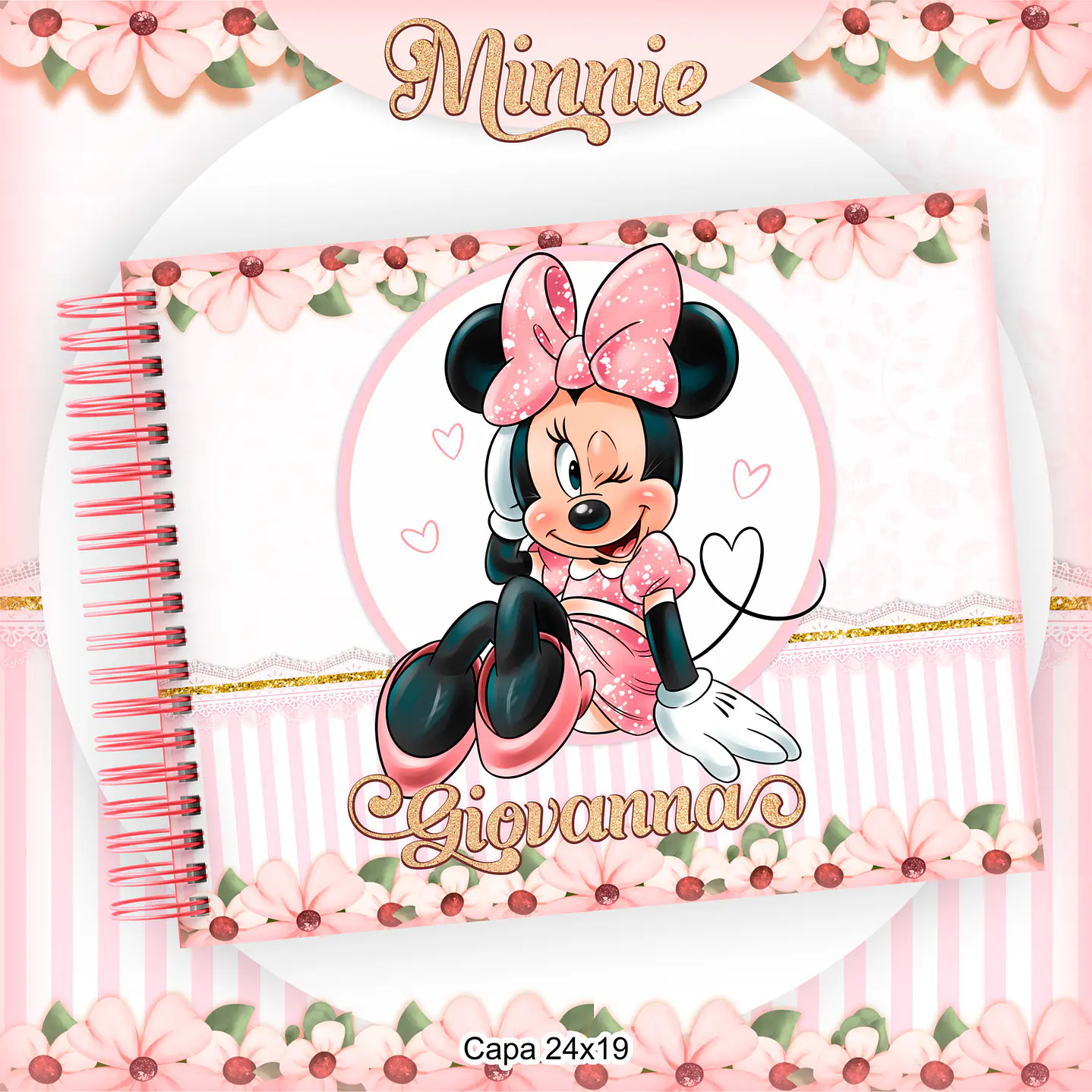 Kit Digital Encadernação com Etiqueta Minnie Rosa - Volta âs Aulas 4