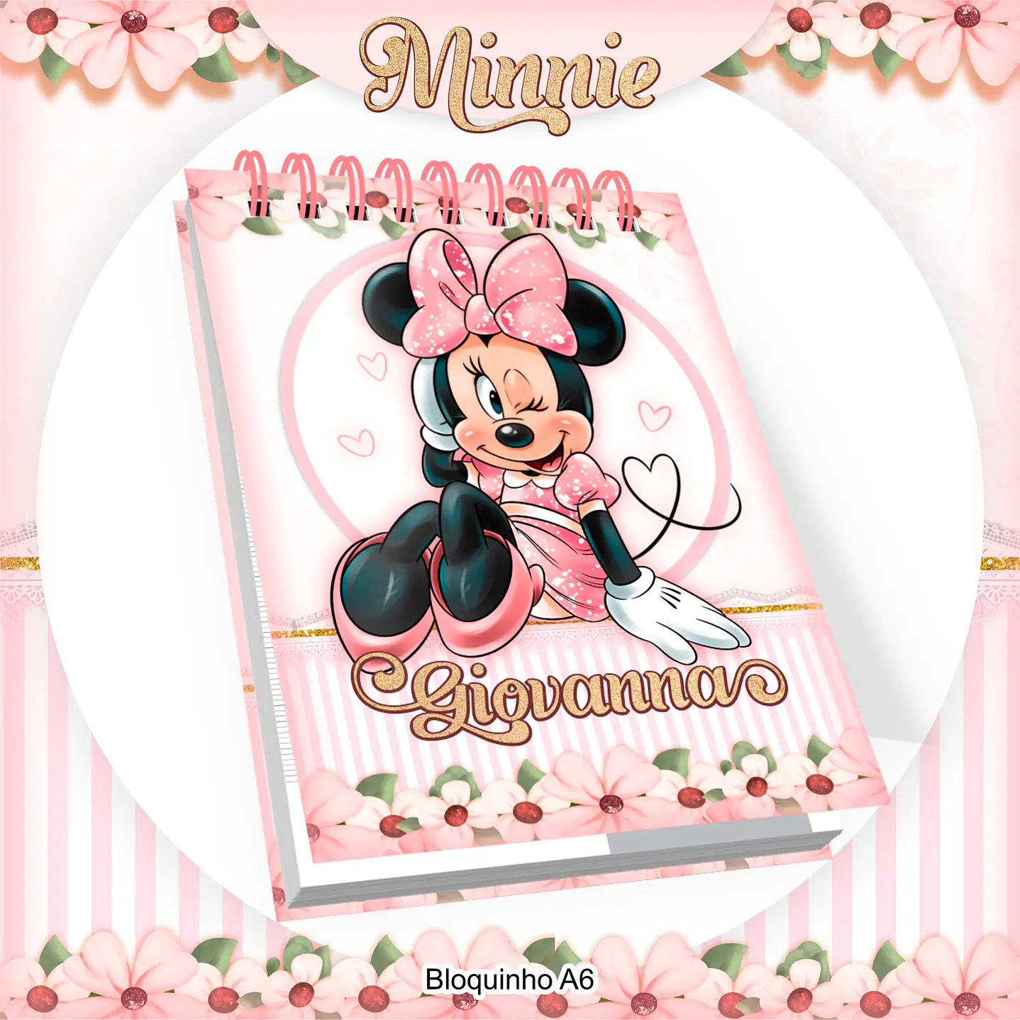 Kit Digital Encadernação com Etiqueta Minnie Rosa - Volta âs Aulas 5