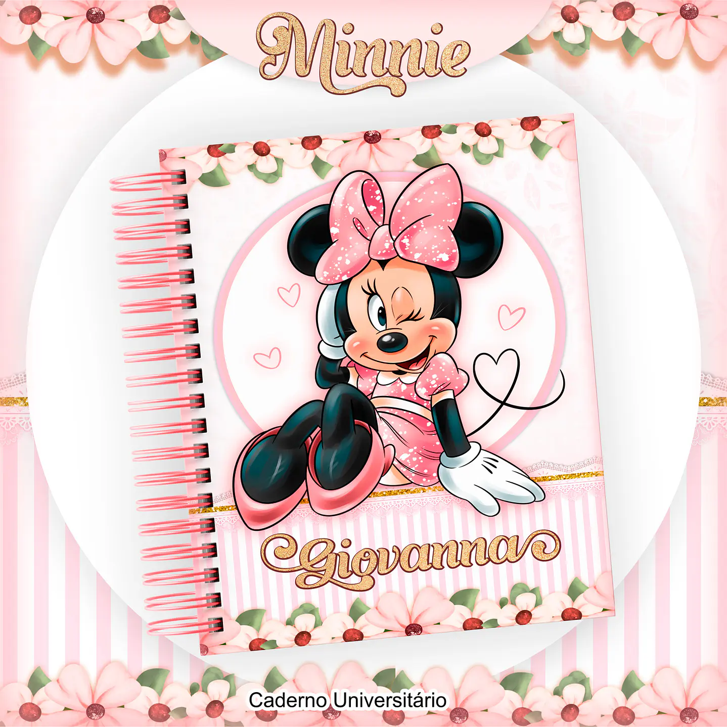 Kit Digital Encadernação com Etiqueta Minnie Rosa - Volta âs Aulas 7