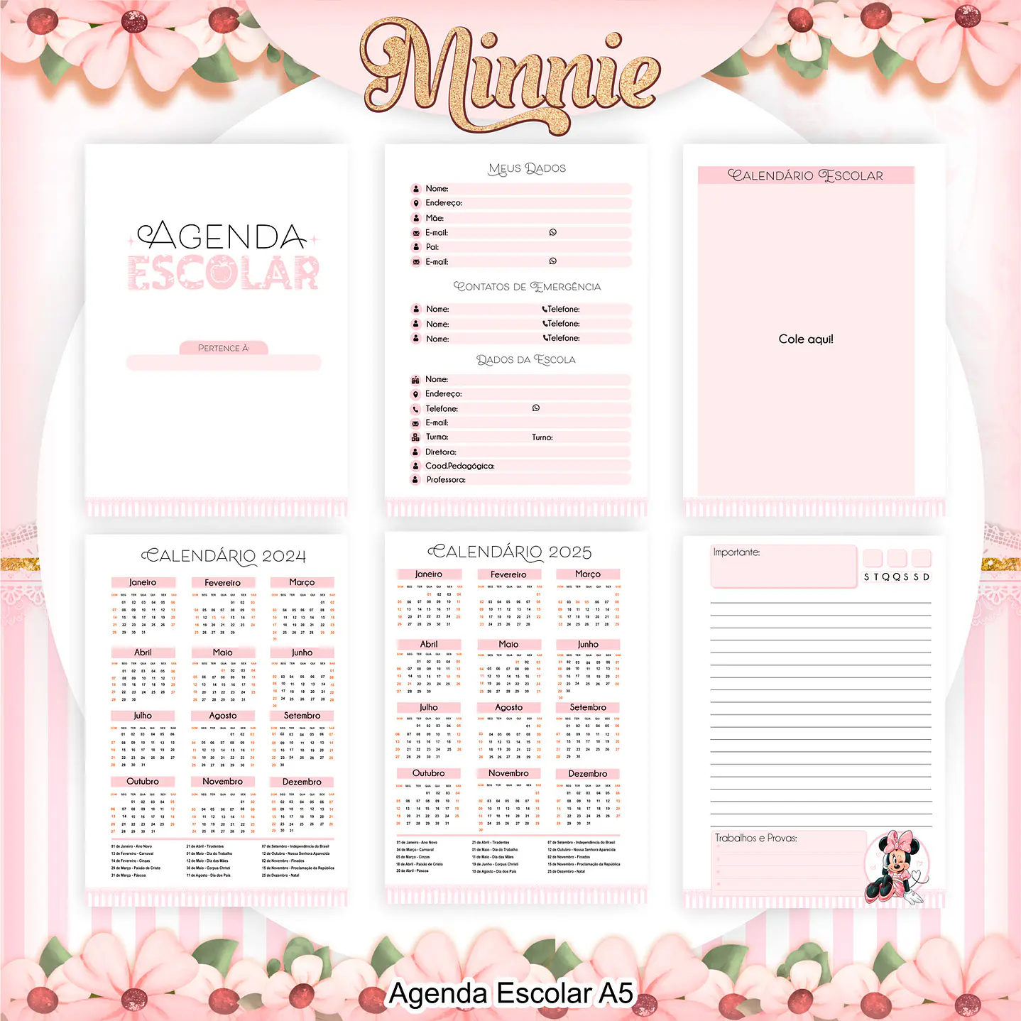 Kit Digital Encadernação com Etiqueta Minnie Rosa - Volta âs Aulas 9