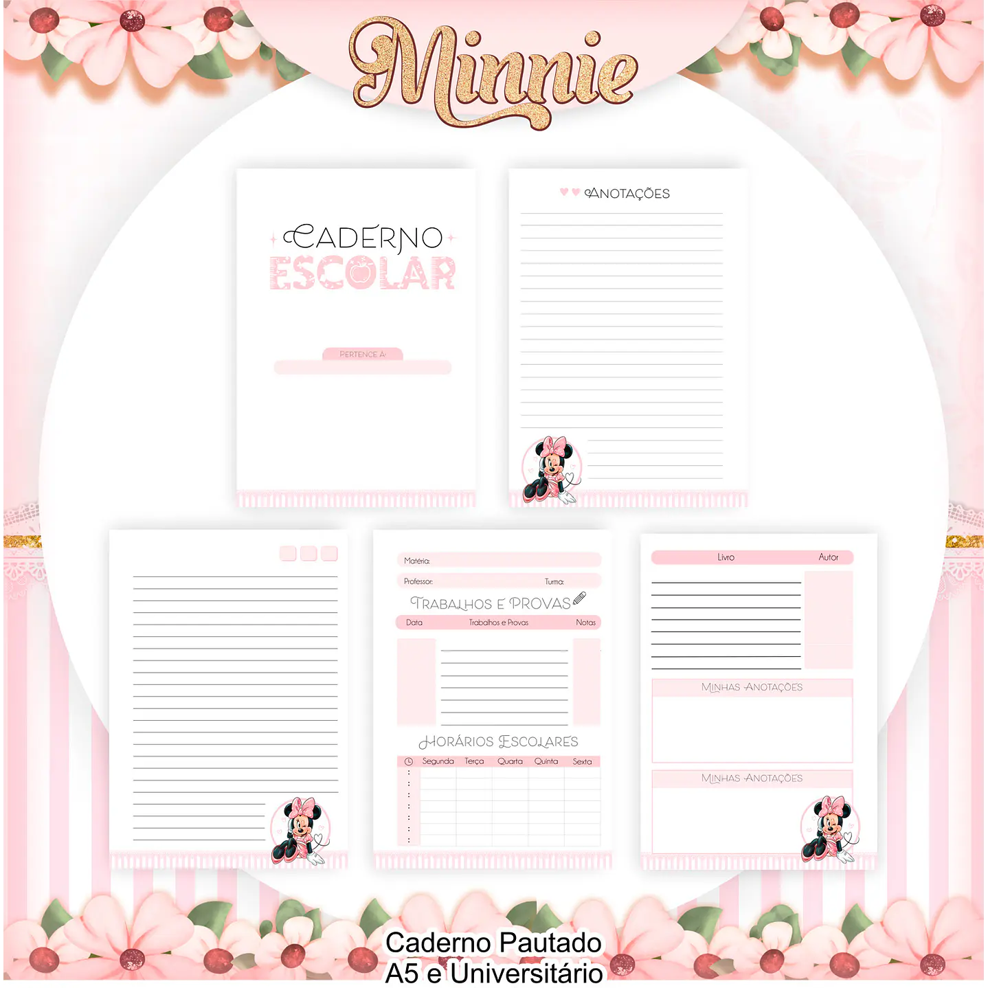 Kit Digital Encadernação com Etiqueta Minnie Rosa - Volta âs Aulas 10