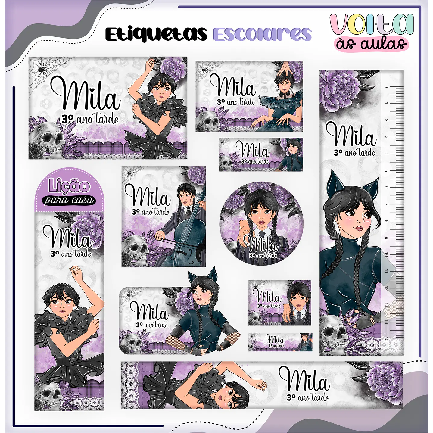 Kit Digital Arquivo de Corte Etiqueta Escolar Wandinha - Volta às Aulas 1