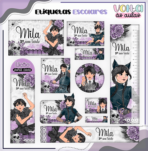 Kit Digital Arquivo de Corte Etiqueta Escolar Wandinha - Volta às Aulas