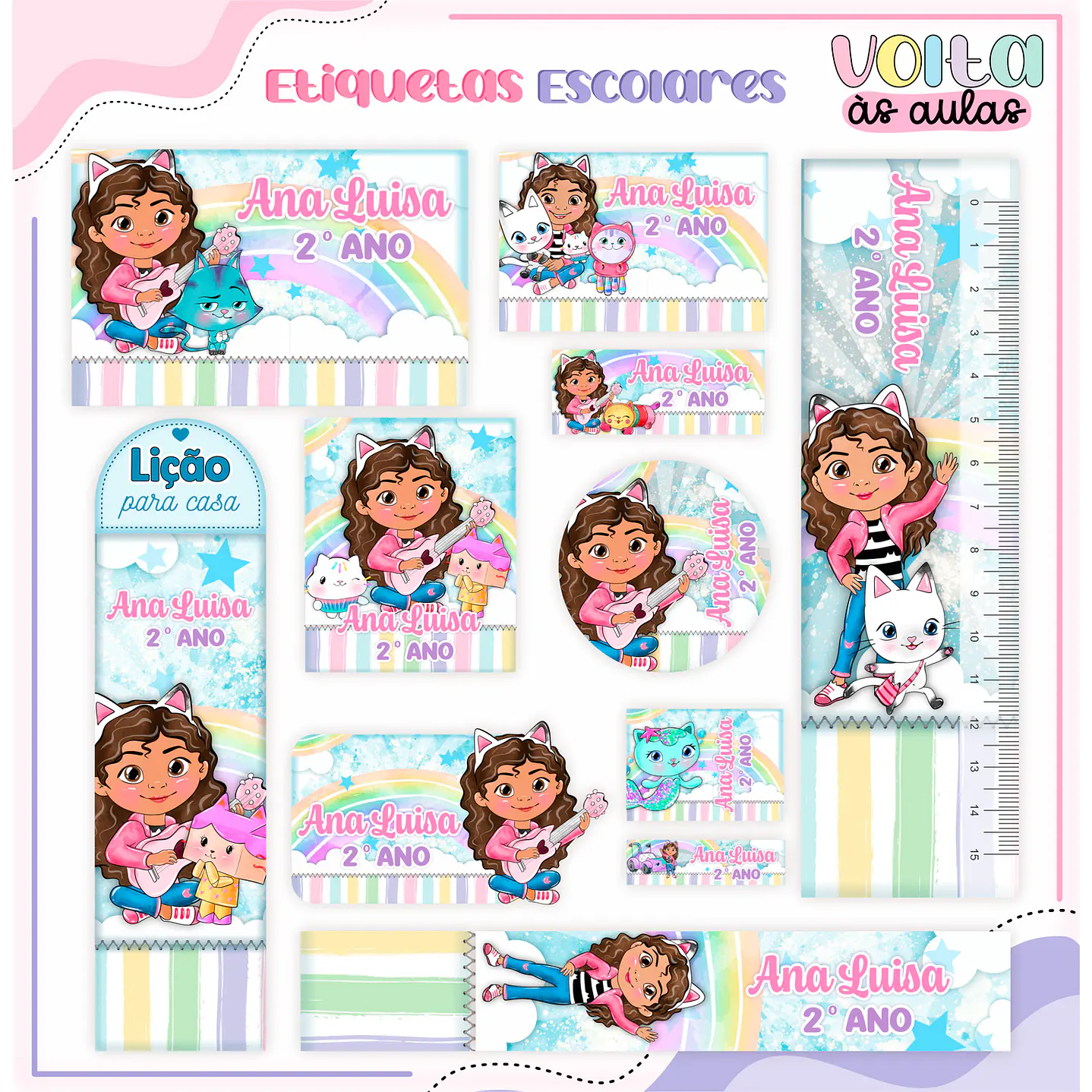 Kit Digital Etiqueta Escolar A Casa Mágica da Gabby Aquarela 1