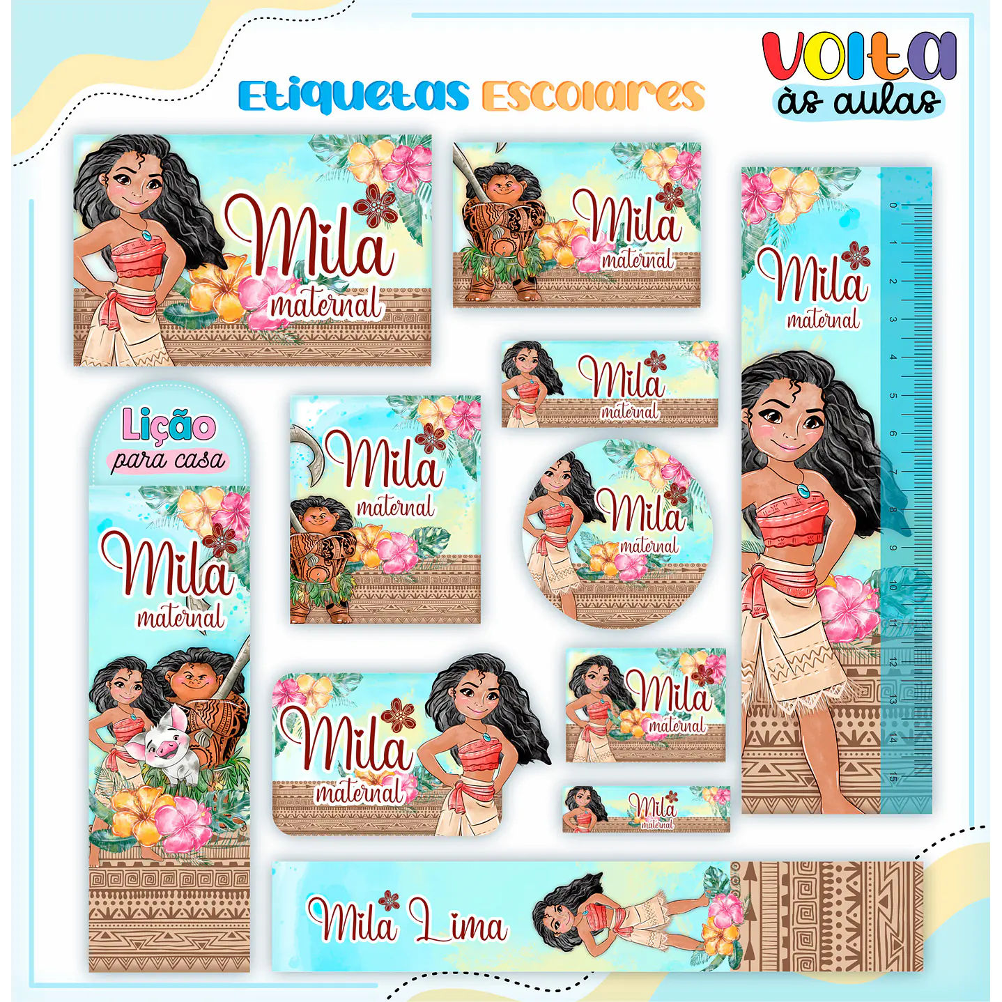 Kit Digital Arquivo de Corte Etiqueta Escolar Moana  1