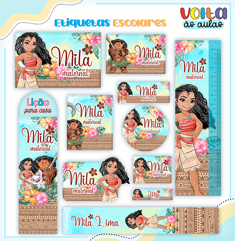 Kit Digital Arquivo de Corte Etiqueta Escolar Moana 