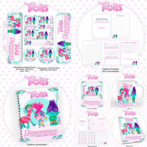 Kit Digital Encadernação e Etiqueta Escolar Trolls - Volta às Aulas