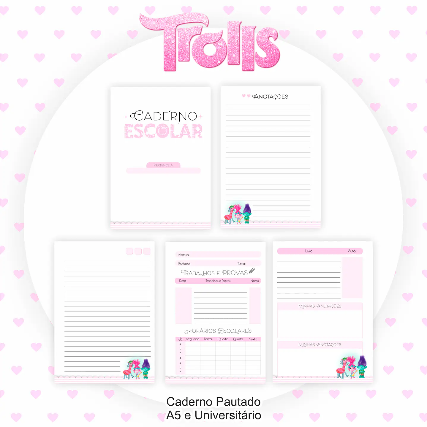 Kit Digital Encadernação e Etiqueta Escolar Trolls - Volta às Aulas 10