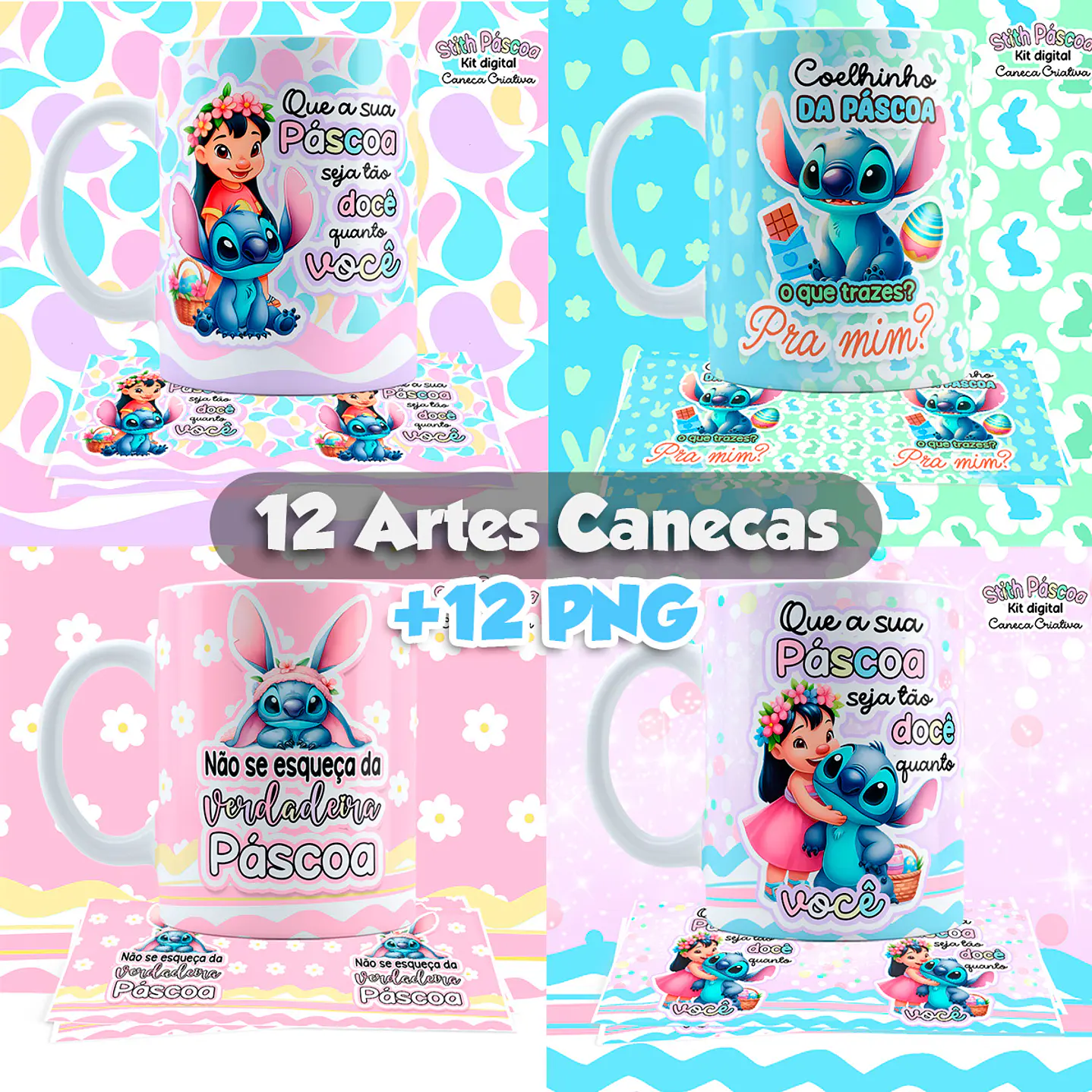 Kit Digital Artes para Canecas Lilo e Stitch Páscoa 2