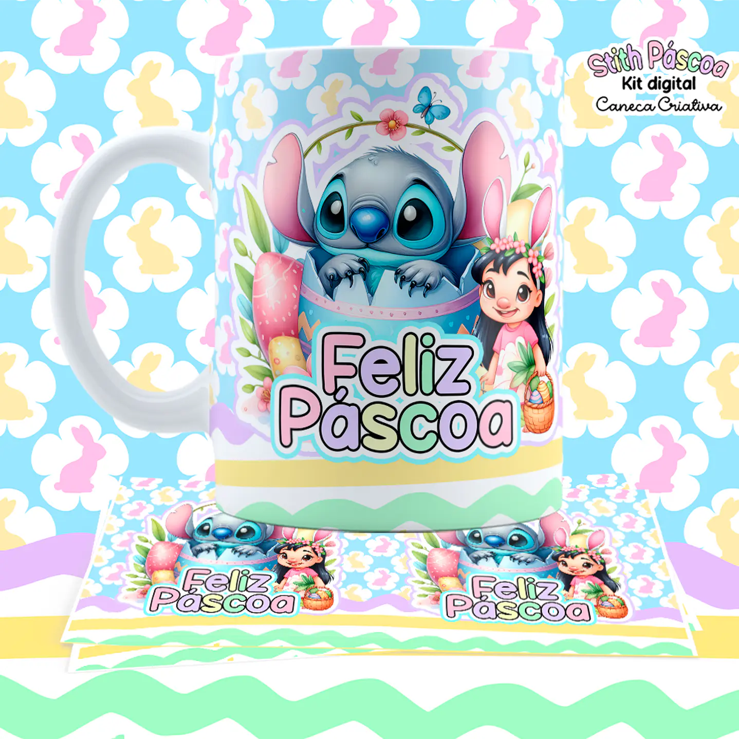 Kit Digital Artes para Canecas Lilo e Stitch Páscoa 13