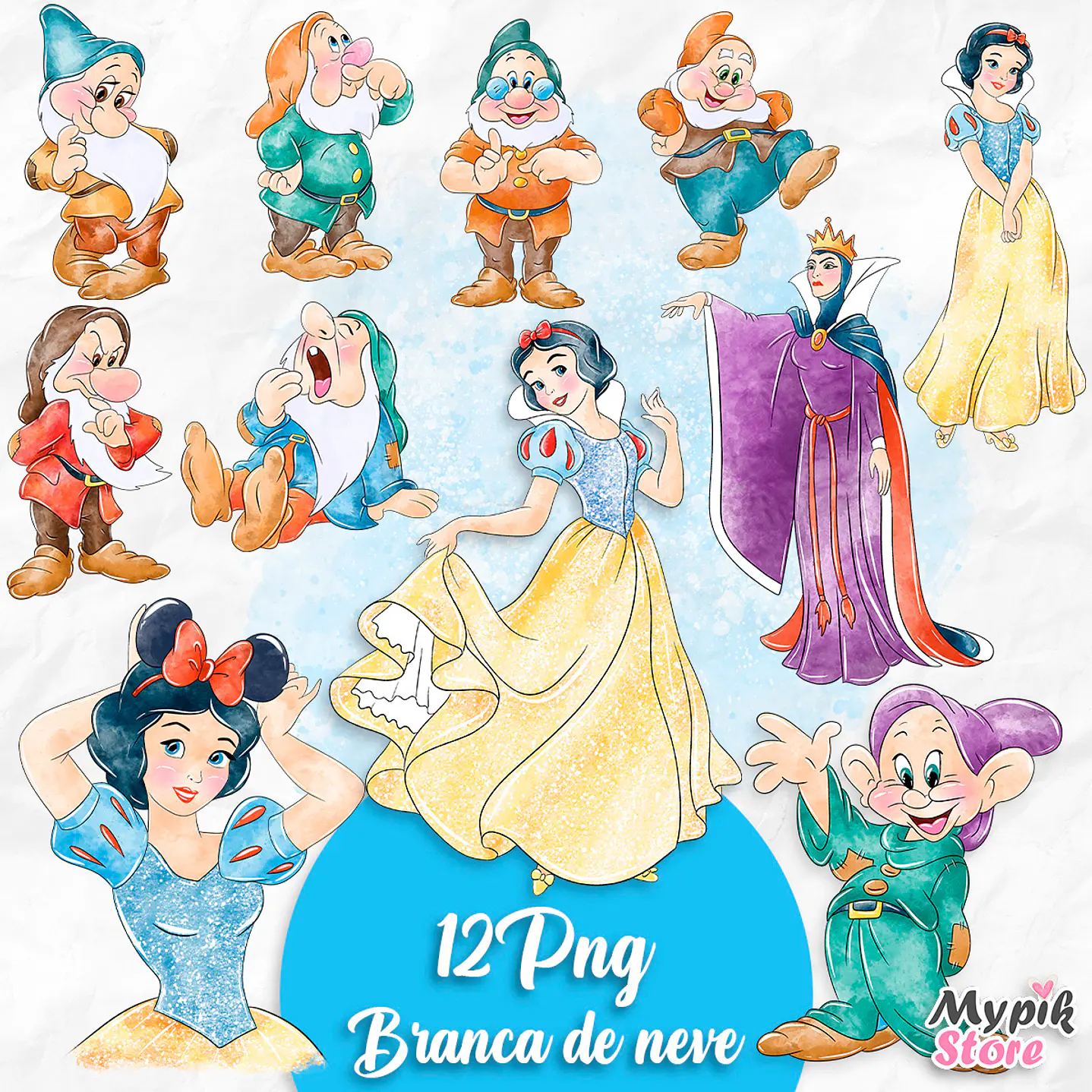 Kit Digital Branca de Neve e os Sete Anões Aquarela 1