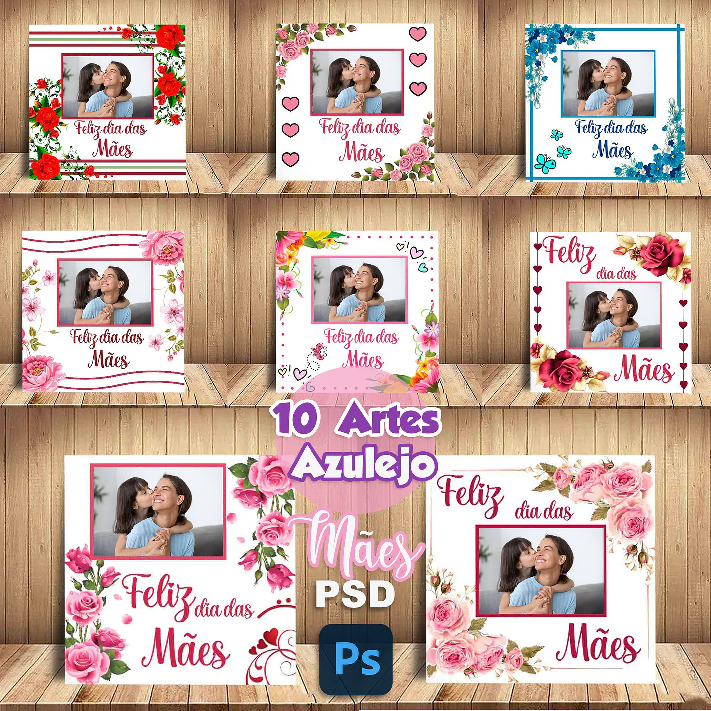 Kit Digital 10 Artes Azulejo dia das Mães  1