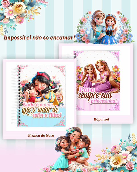 Kit Digital Encadernação Dia das Mães Princesas da Disney  PDF e PNG