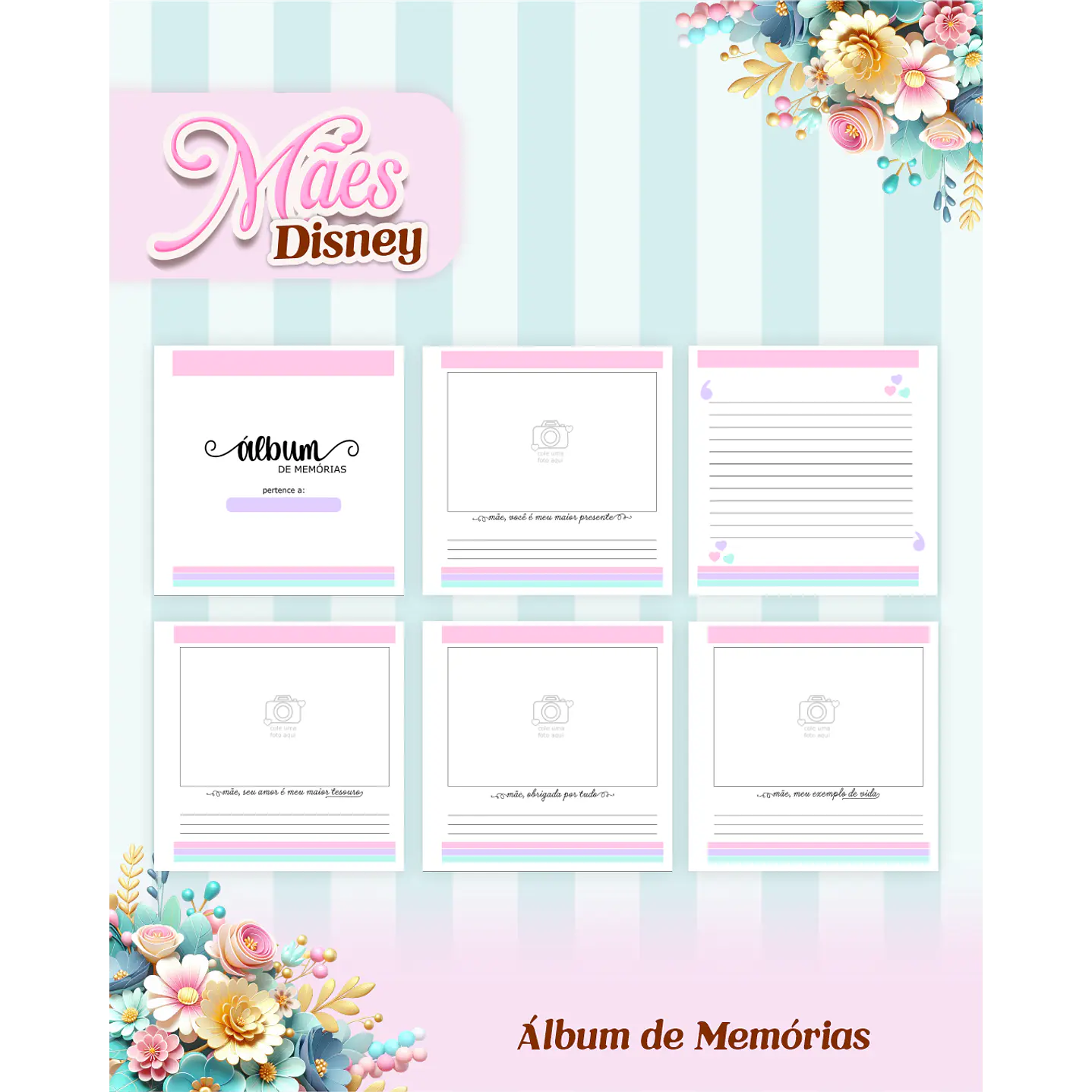 Kit Digital Encadernação Dia das Mães Princesas da Disney  PDF e PNG 8