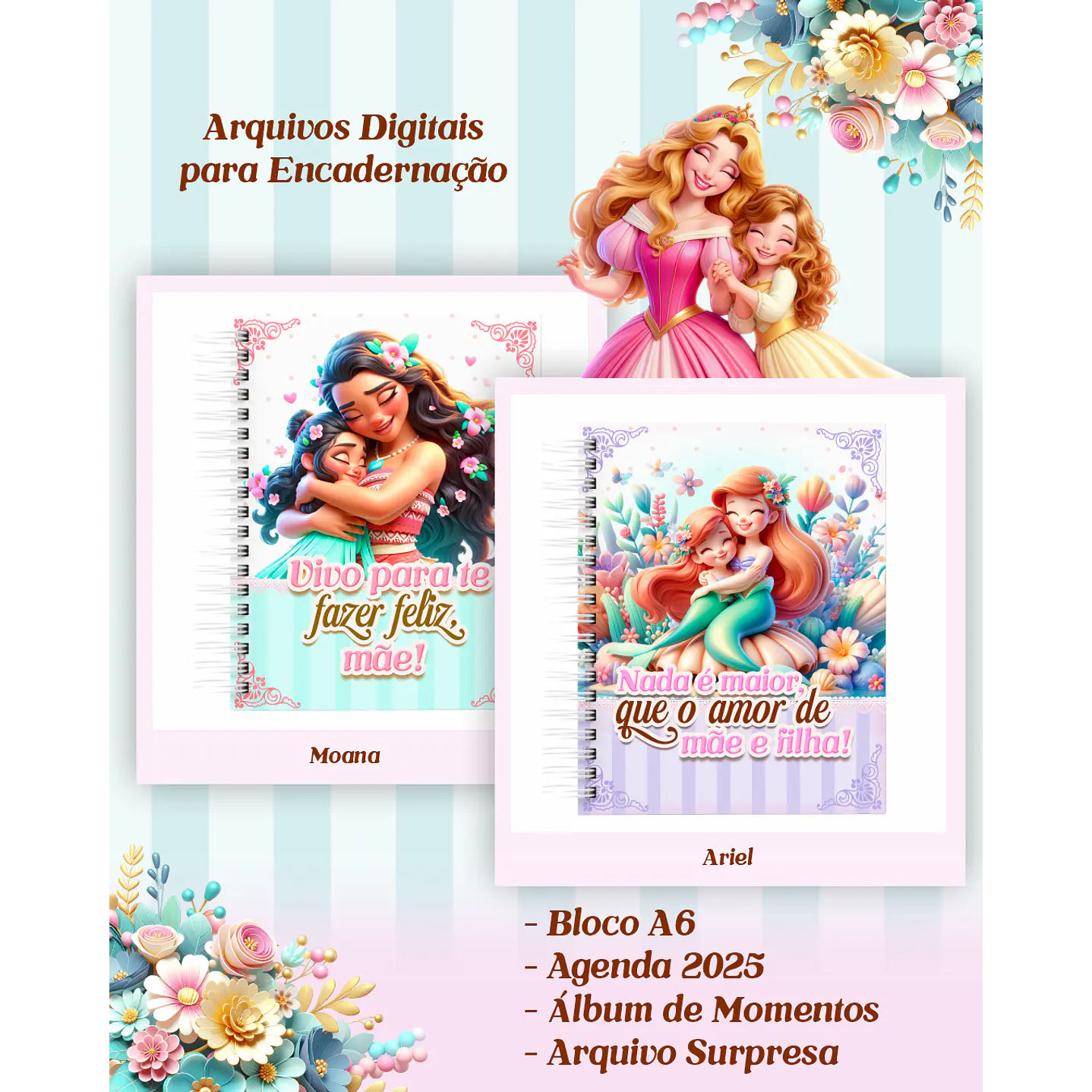 Kit Digital Encadernação Dia das Mães Princesas da Disney  PDF e PNG 13