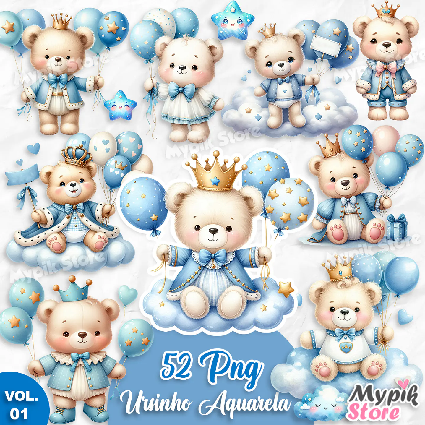 Kit Digital Ursinho Azul Aquarela Principe com balões  1