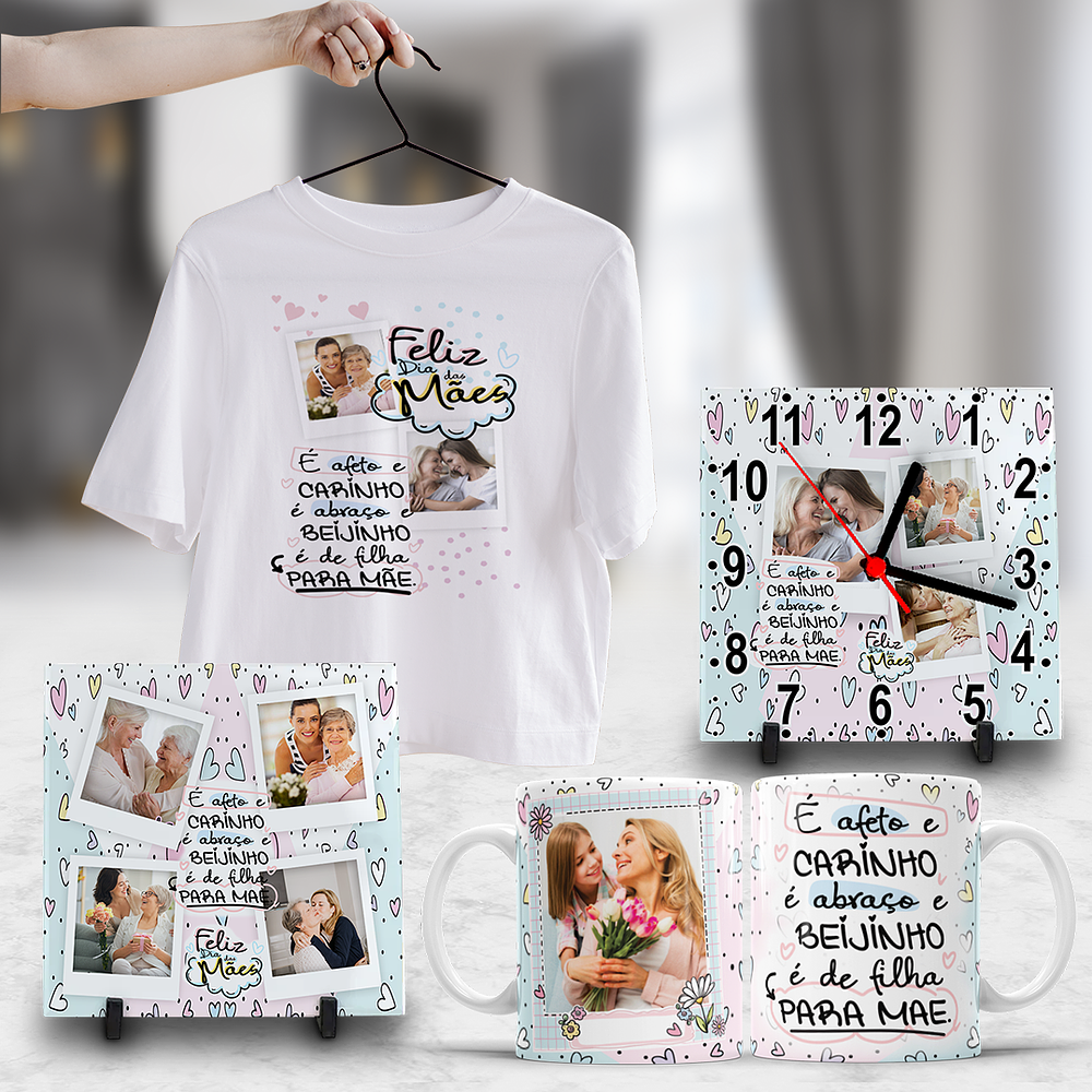 Pack Dia das Mães Artes Canecas, Camisetas, Almofadas, Relógio