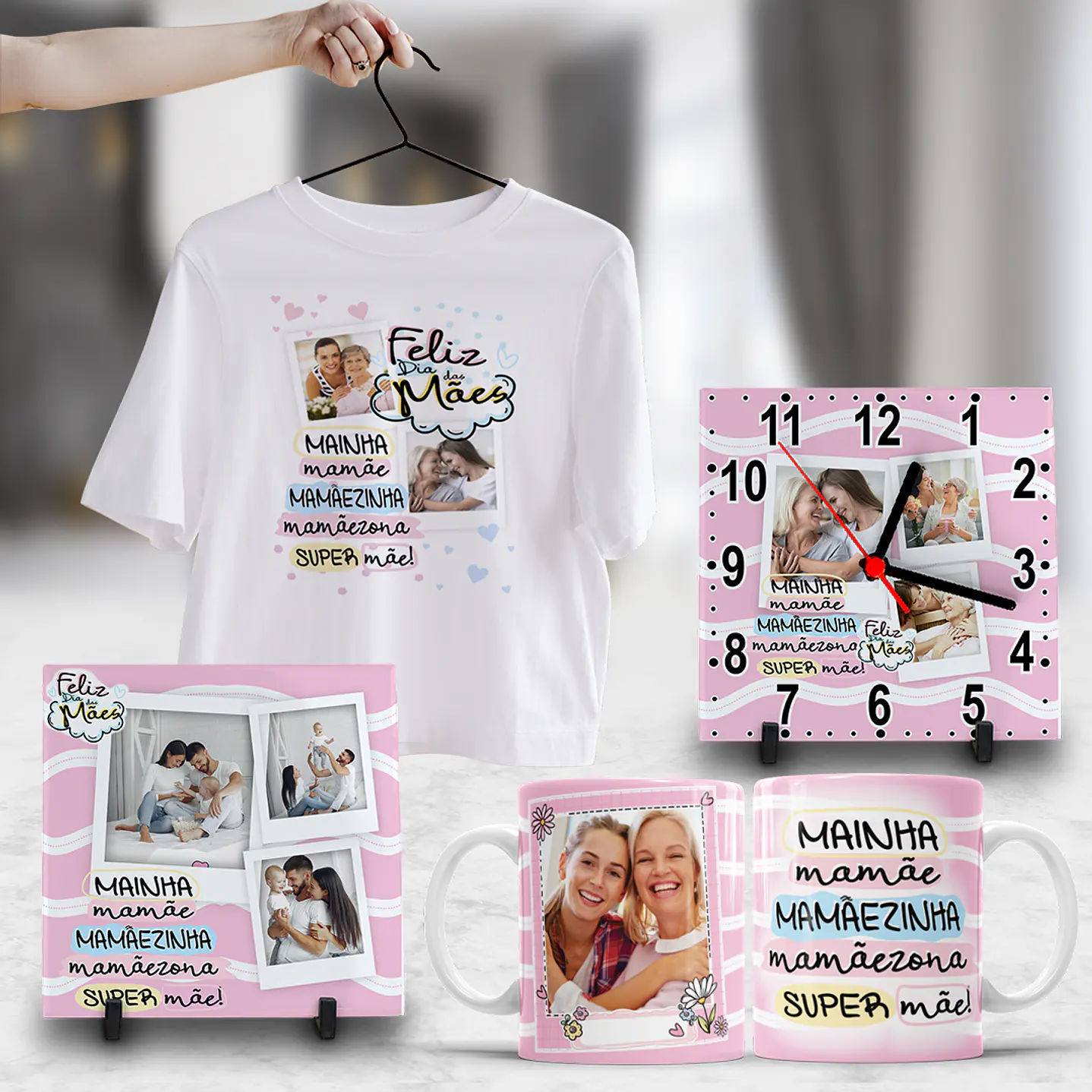 Pack Dia das Mães Artes Canecas, Camisetas, Almofadas, Relógio 9