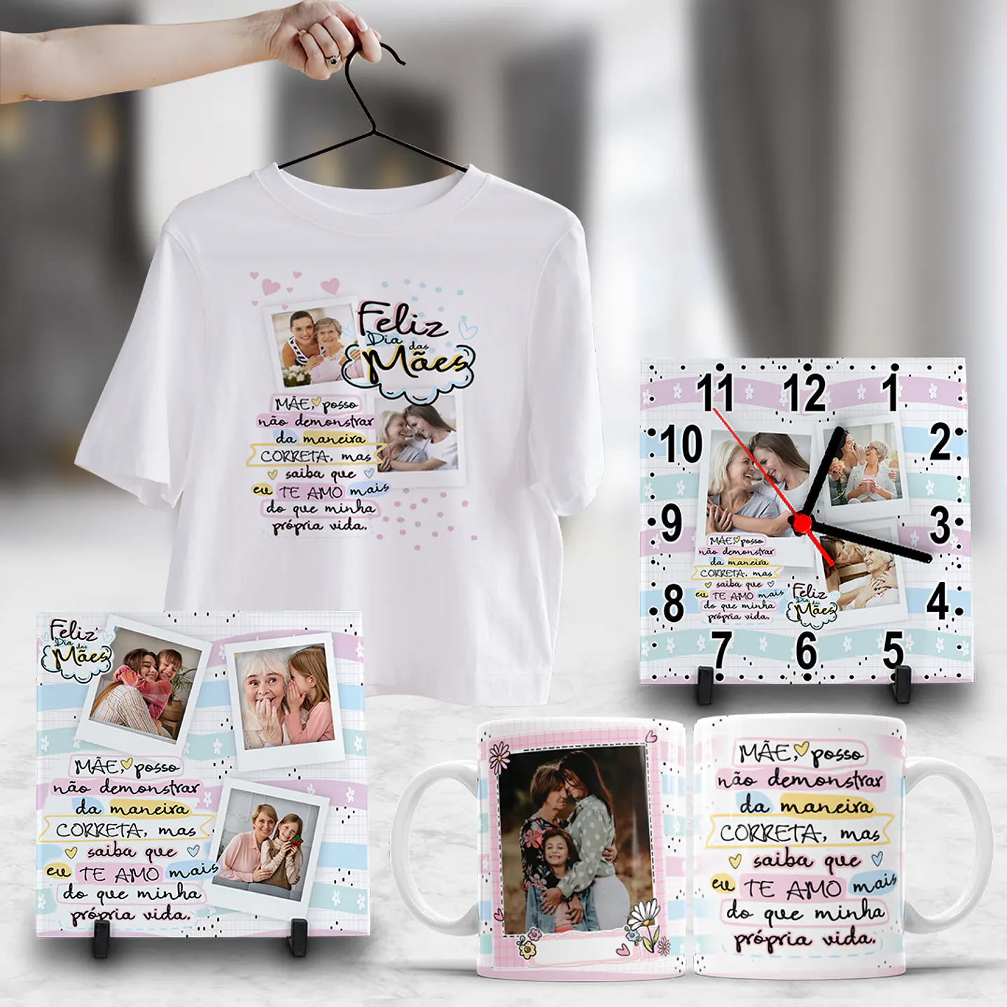 Pack Dia das Mães Artes Canecas, Camisetas, Almofadas, Relógio 11