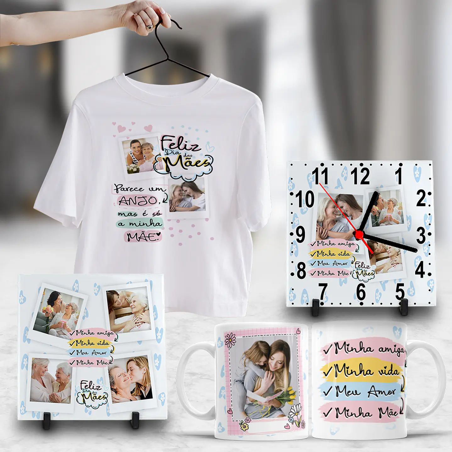 Pack Dia das Mães Artes Canecas, Camisetas, Almofadas, Relógio 12