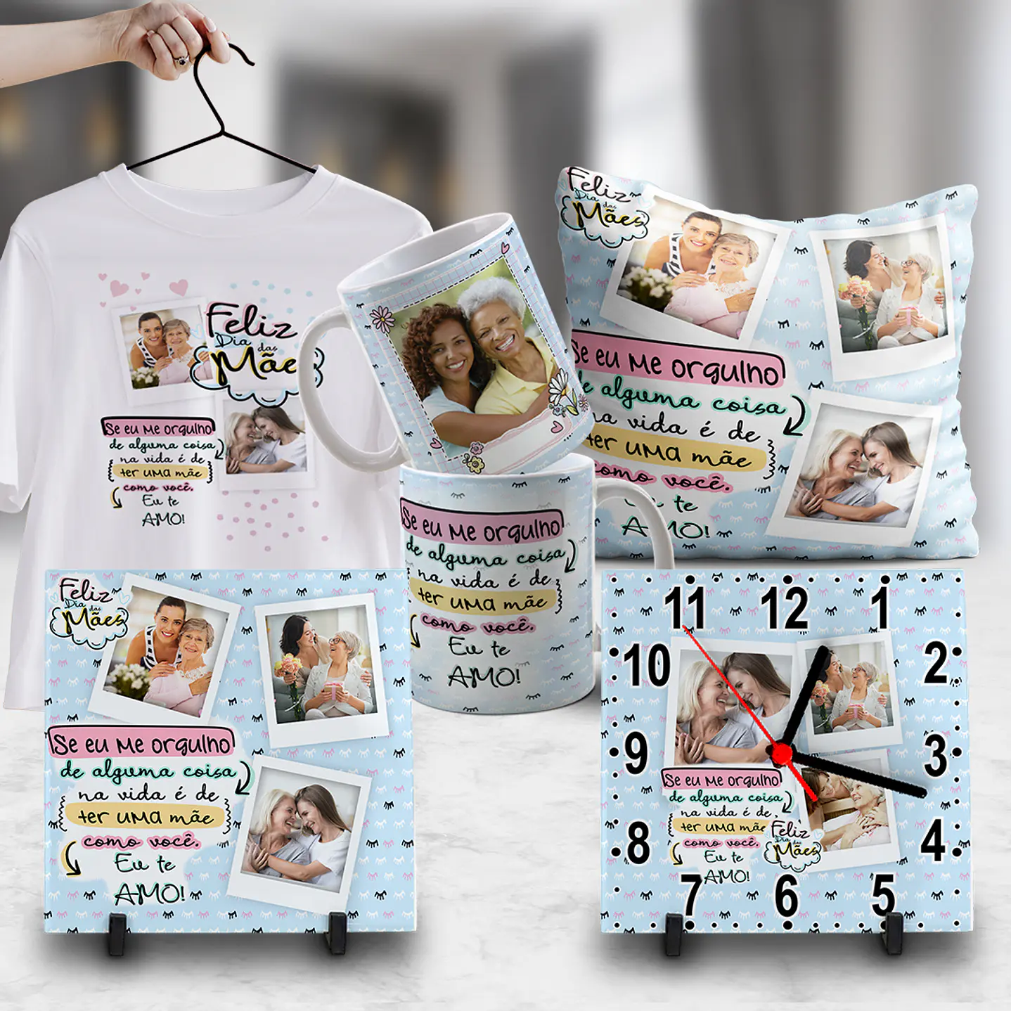 Pack Dia das Mães Artes Canecas, Camisetas, Almofadas, Relógio 16