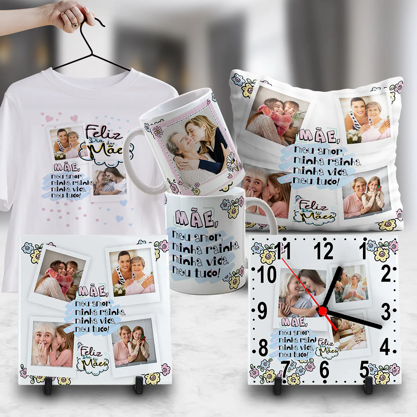 Pack Dia das Mães Artes Canecas, Camisetas, Almofadas, Relógio 20