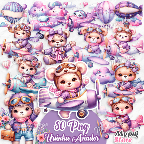 Kit Digital Aquarela Ursinha Teddy Aviador Lilas