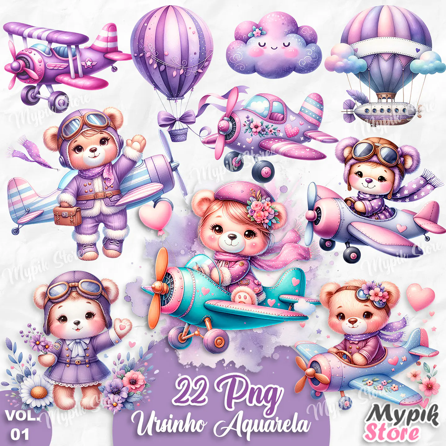 Kit Digital Aquarela Ursinha Teddy Lilas Aviador  1