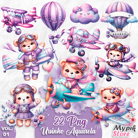 Kit Digital Aquarela Ursinha Teddy Lilas Aviador 
