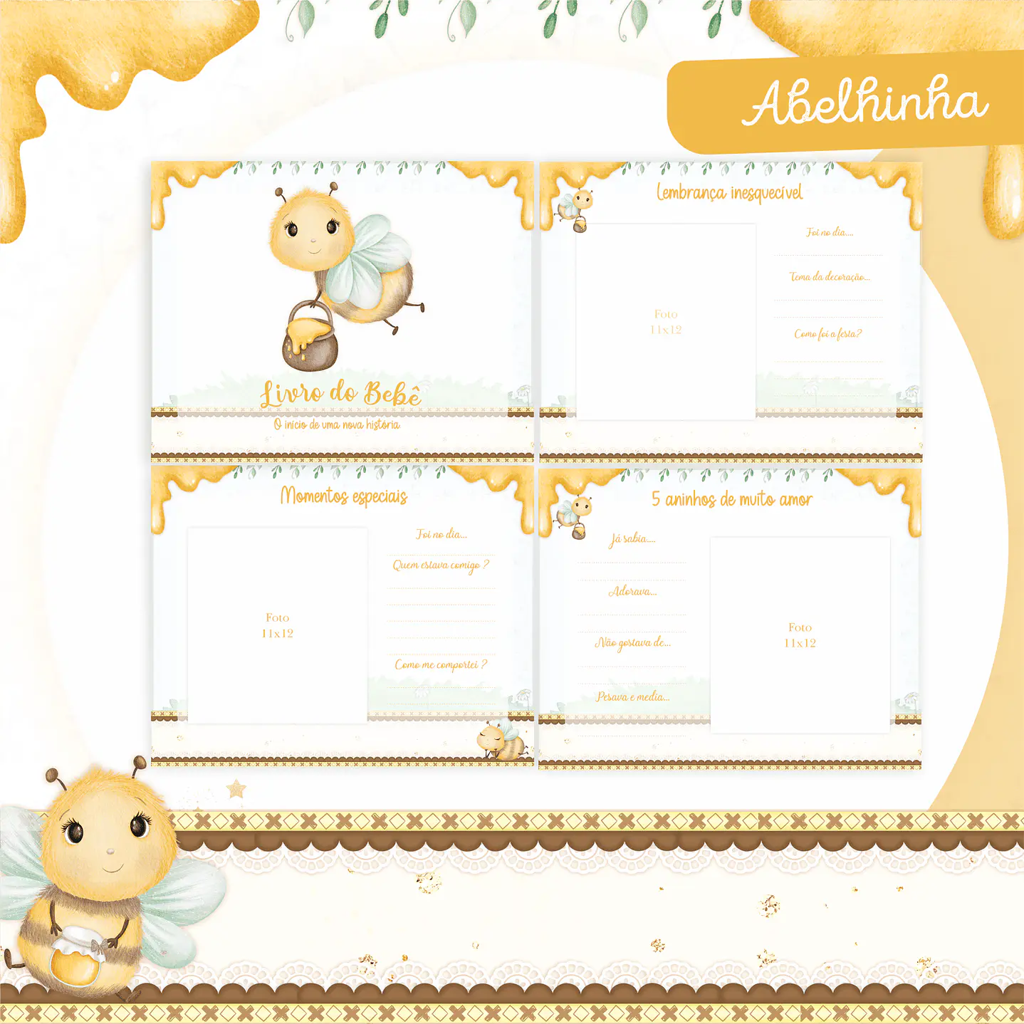 Kit Digital Encadernação Abelhinha Baby Caderneta e Livro do bebê 4