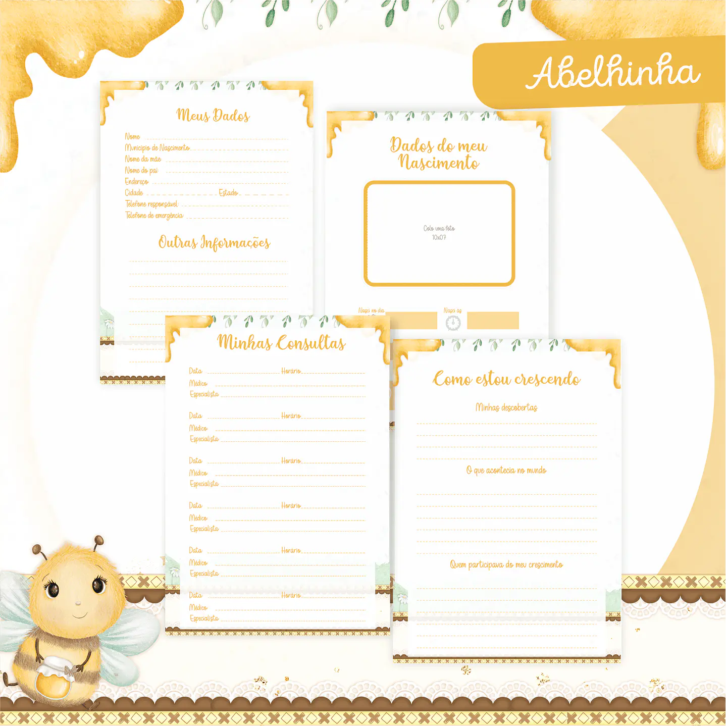 Kit Digital Encadernação Abelhinha Baby Caderneta e Livro do bebê 6
