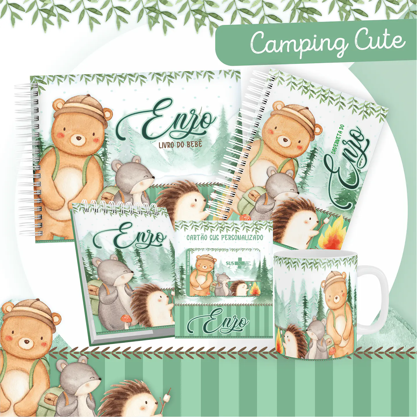 Kit Digital Encadernação Animais Camping Caderneta e Livro do bebê 1