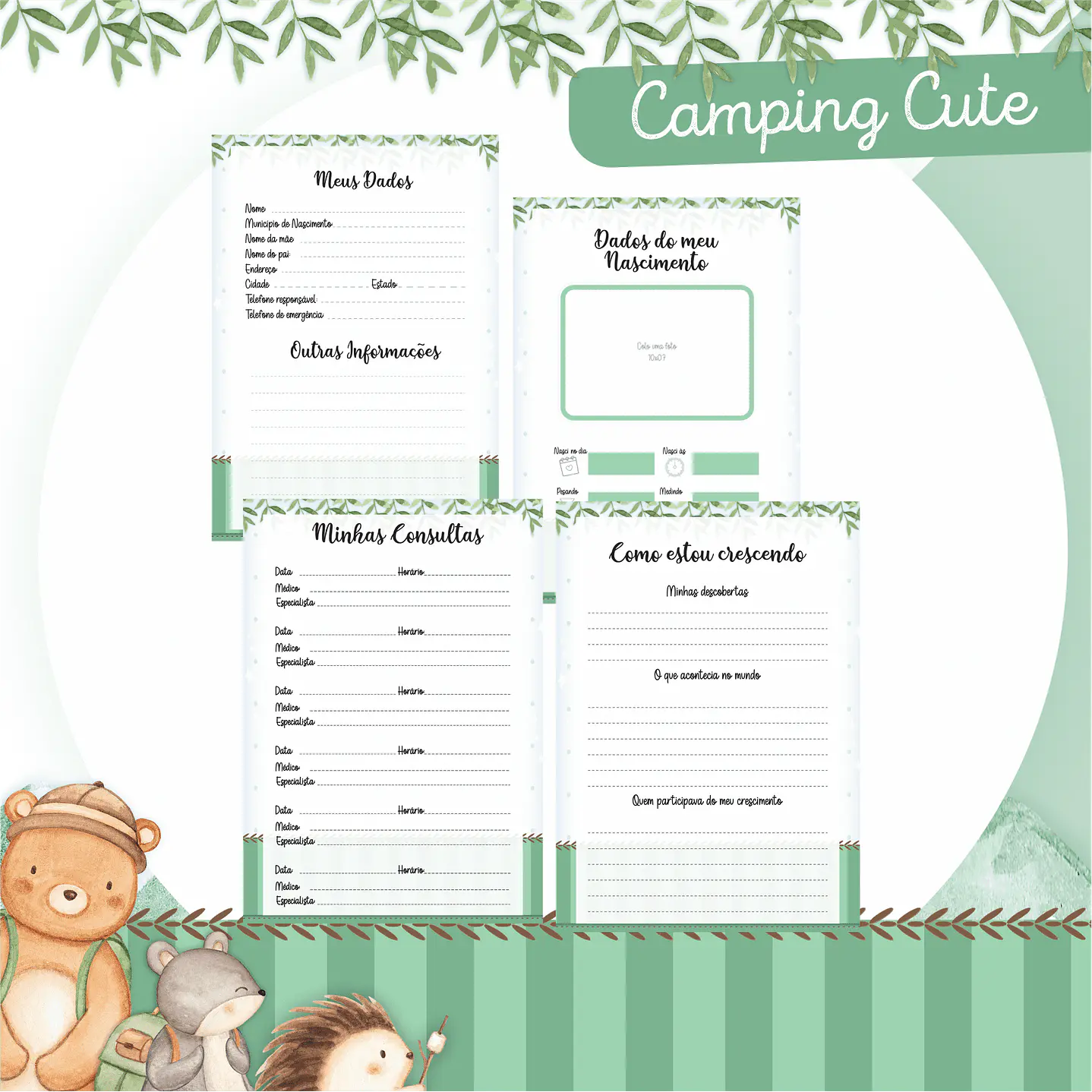 Kit Digital Encadernação Animais Camping Caderneta e Livro do bebê 6