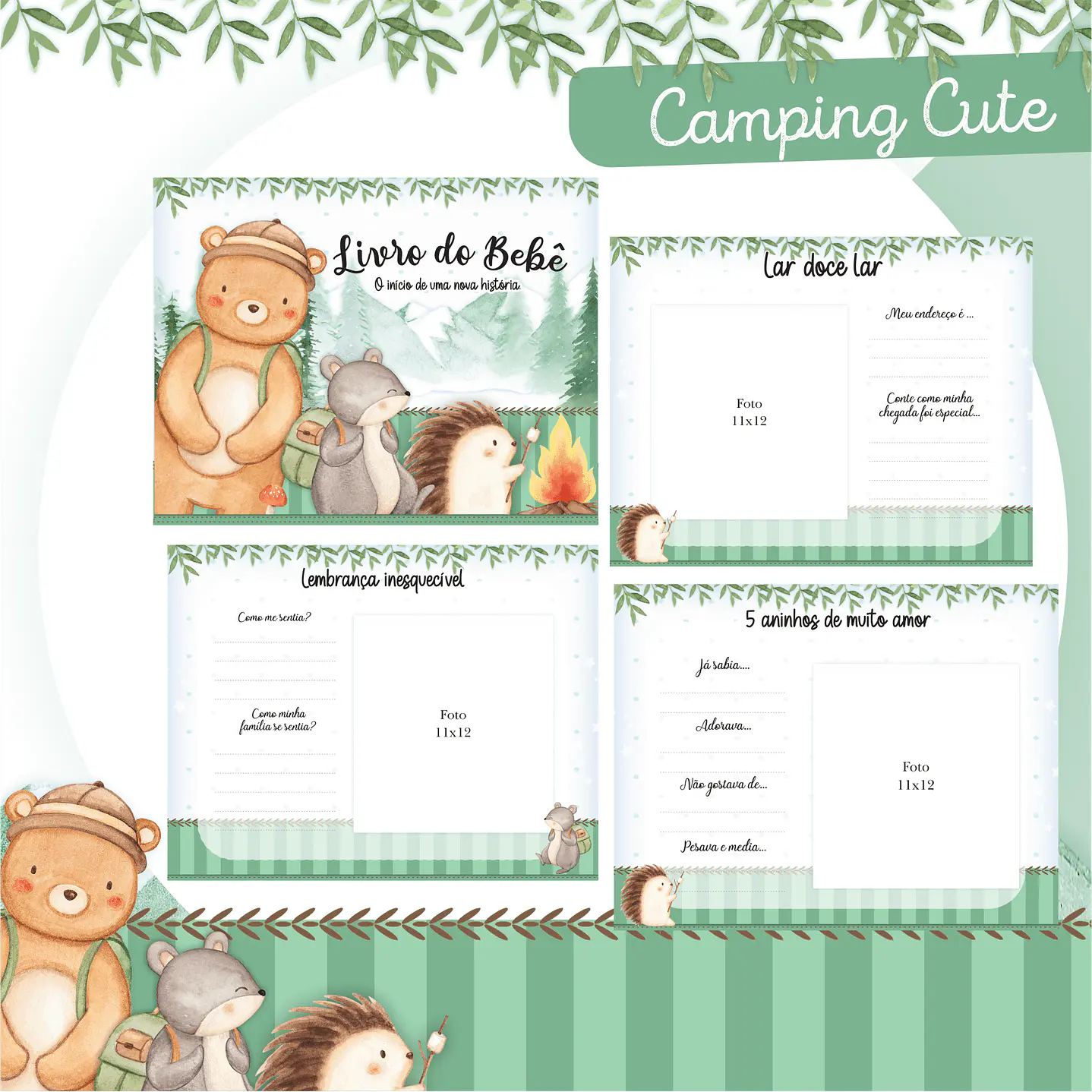 Kit Digital Encadernação Animais Camping Caderneta e Livro do bebê 7