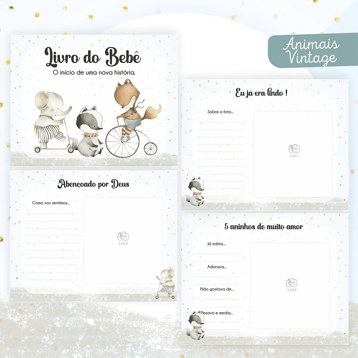 Kit Digital Encadernação Animais Caderneta e Livro do bebê 4