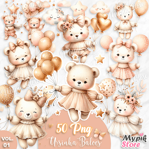 Kit Digital Ursinha Baloeira com balões Aquarela