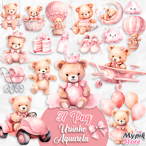 Kit Digital Aquarela Ursinha Teddy Rosa, chá de bebê 