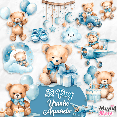 Kit Digital Aquarela Ursinho Teddy Azul - Chá de Bebê